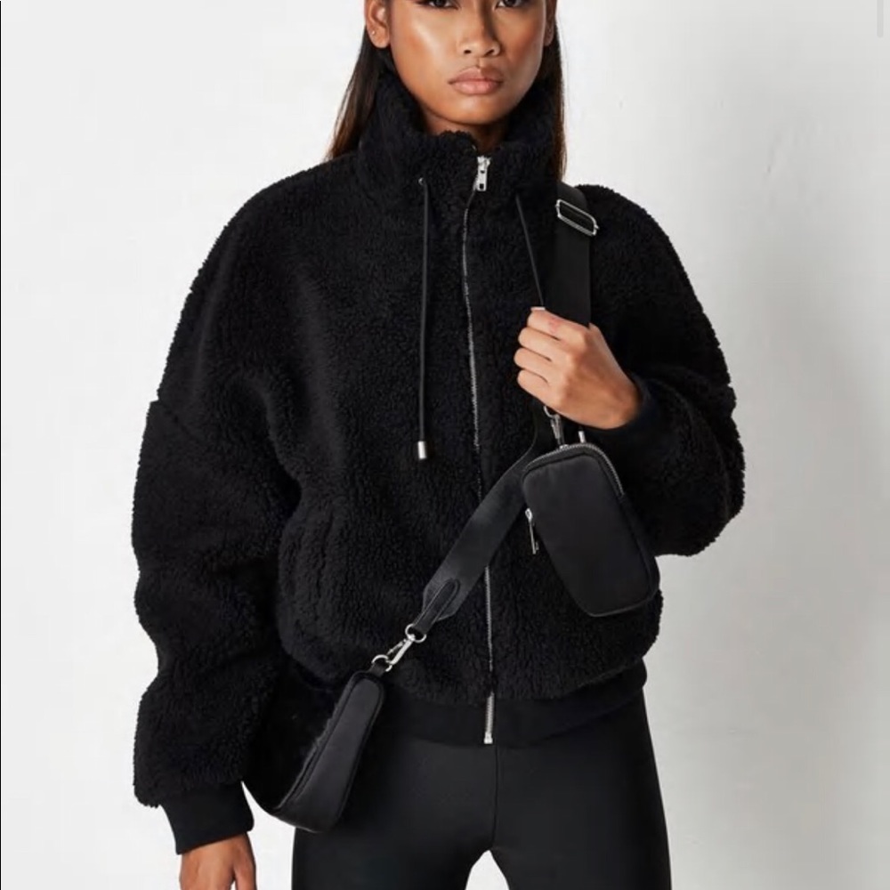 Missguided black teddy bomber jacket size 4.